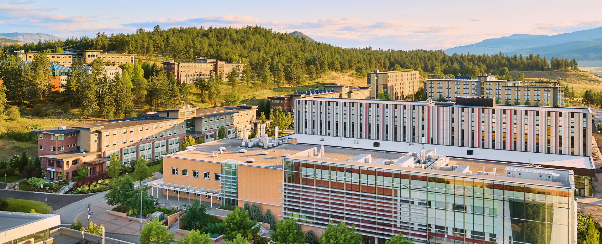 An aerial view of UBC Okanagan's UNC, Purcell and residence buildlings.