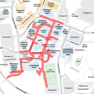 A map of UBC Okanagan's campus with red lines indicated which areas of campus are inaccessible. 